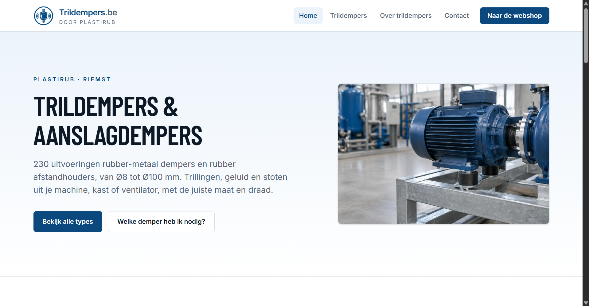 Homepage van Trildempers.be met rubber-metaal trildempers voor industrie