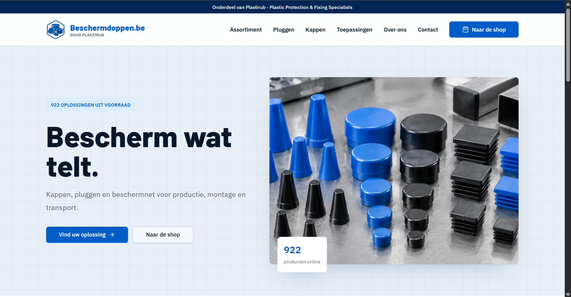 Homepage van Beschermdoppen.be met kappen en pluggen voor productie en transport