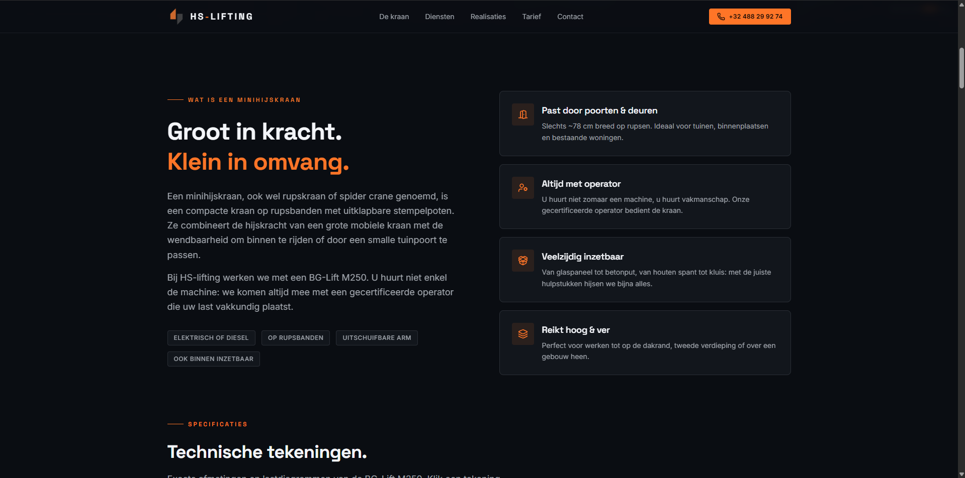 Introductie en kernvoordelen op de website van HS-Lifting