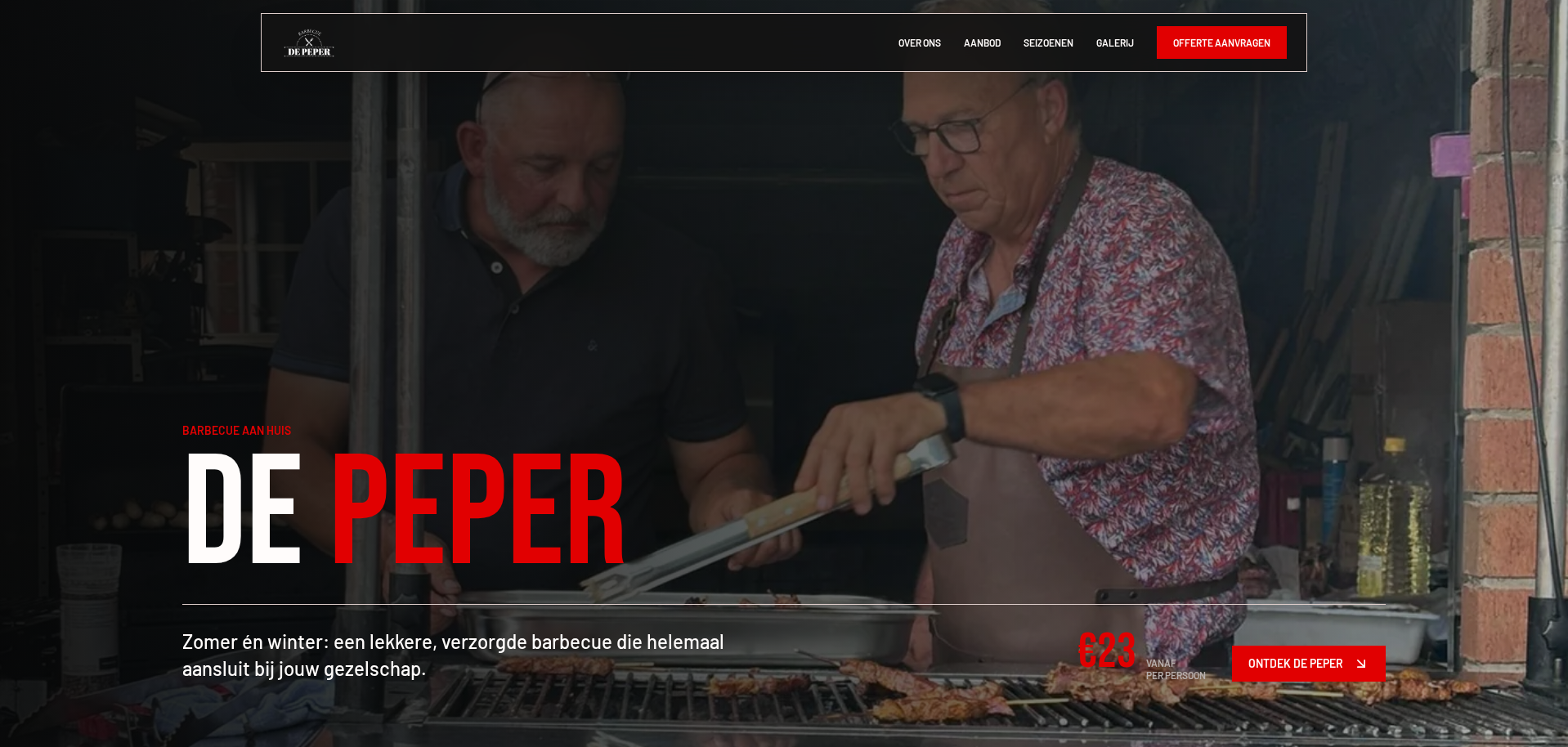 Homepage van De Peper met spiezen op de grill en de richtprijs vanaf €23 per persoon