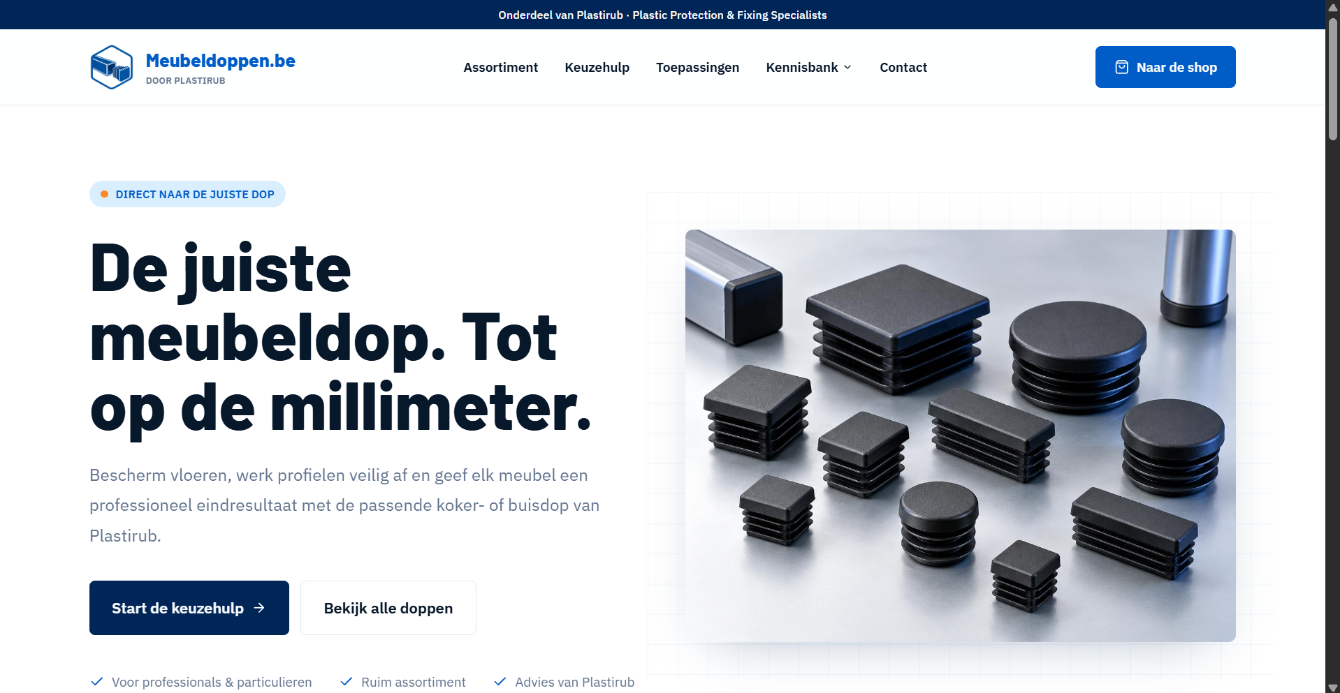 Homepage van Meubeldoppen.be met koker- en buisdoppen voor meubels en profielen