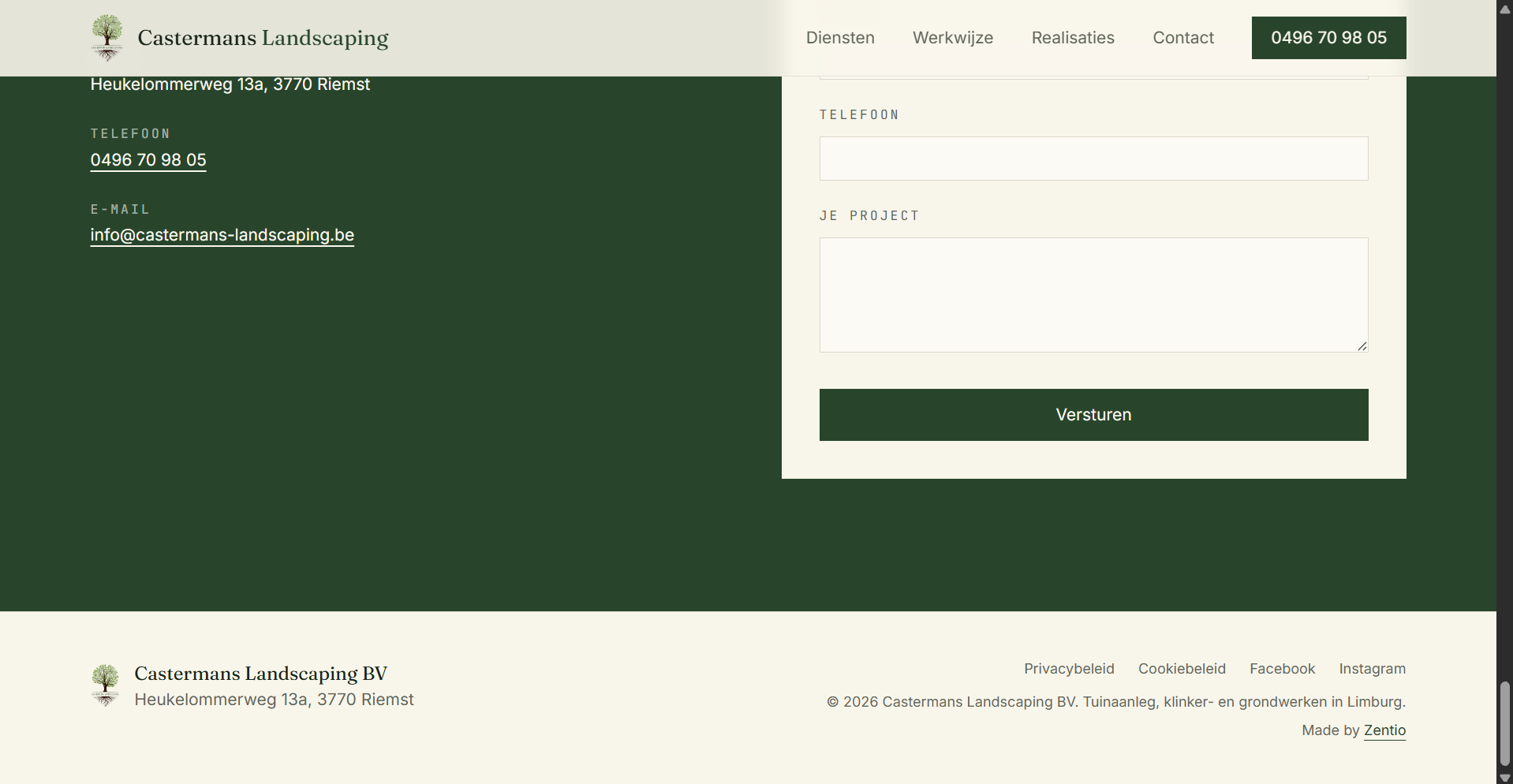 Footer met contactgegevens en juridische pagina's