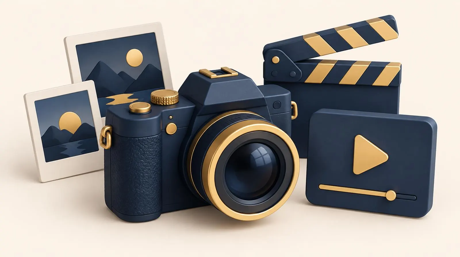 3D-illustratie van een camera, filmklapper, videospeler en foto's in navy en goud