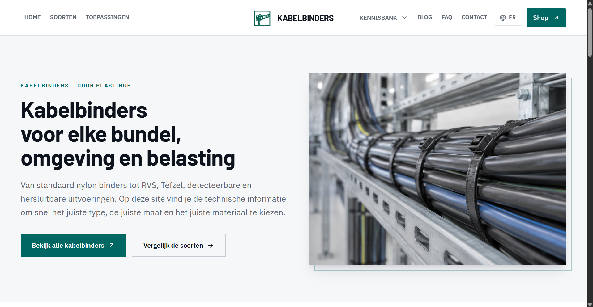Homepage van Kabelbinders.be met kabelbinders rond gebundelde leidingen