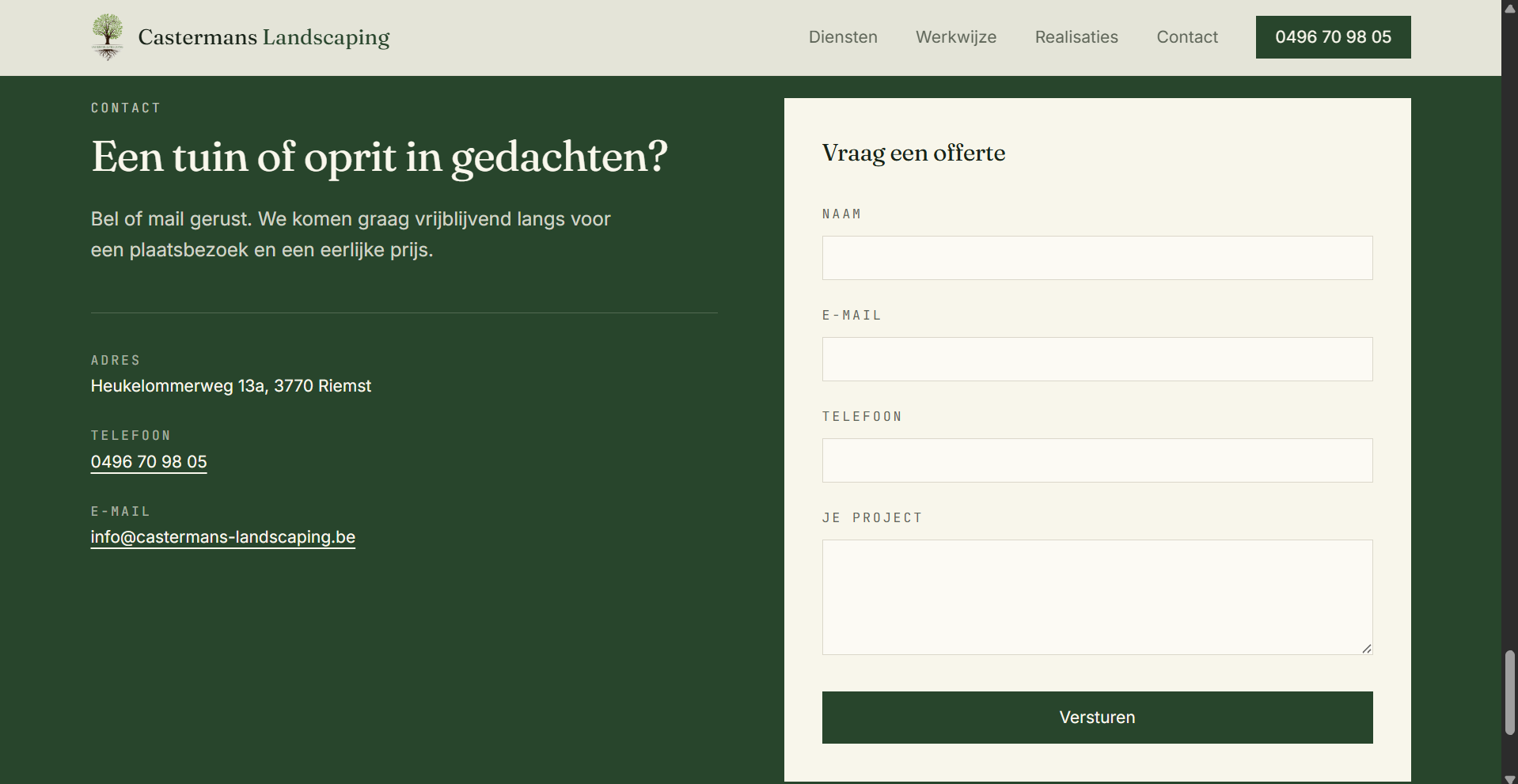 Contactpagina met offerteformulier van Castermans Landscaping