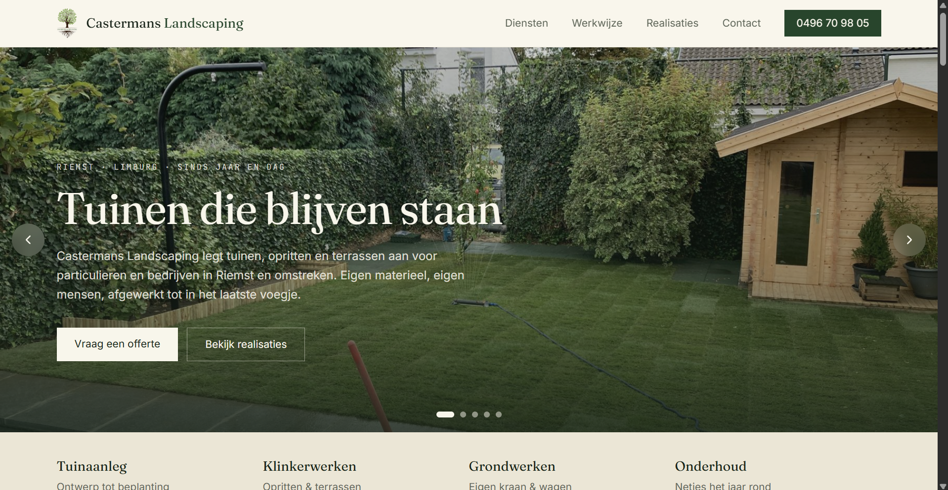 De nieuwe homepage van Castermans Landscaping met een aangelegde tuin in beeld