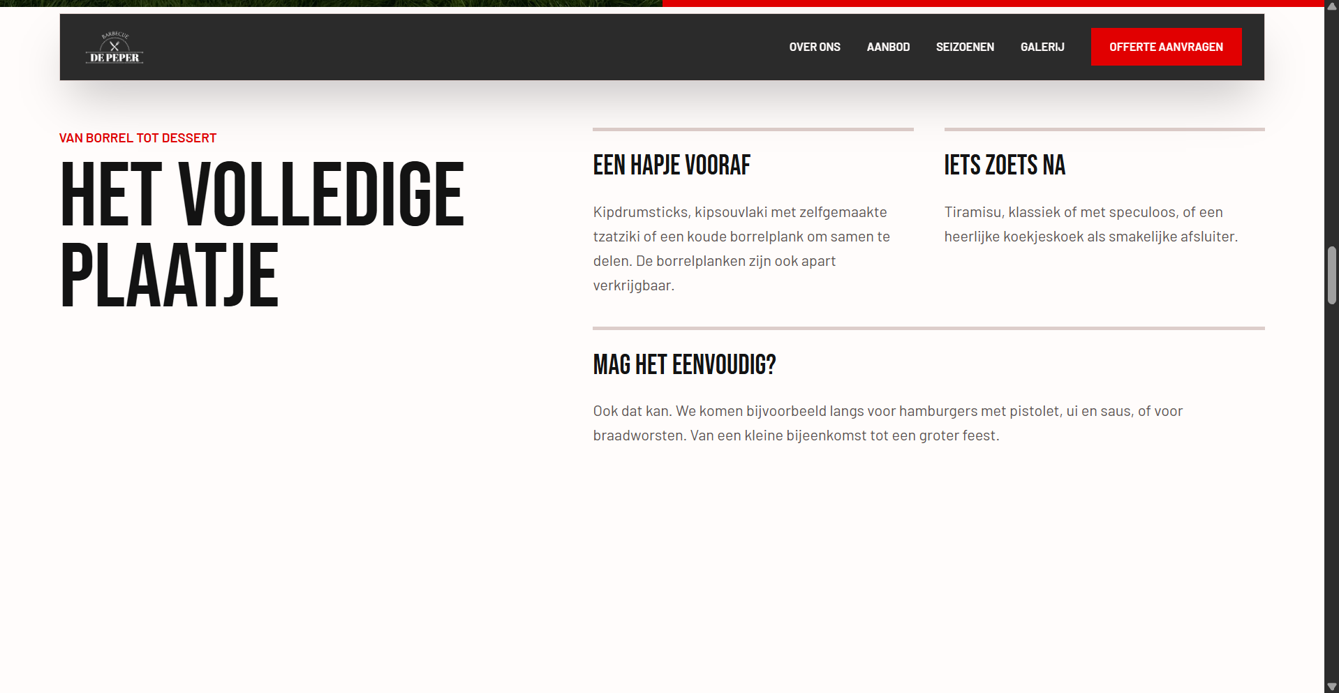 Hapjes, desserts en eenvoudige formules op de site van De Peper