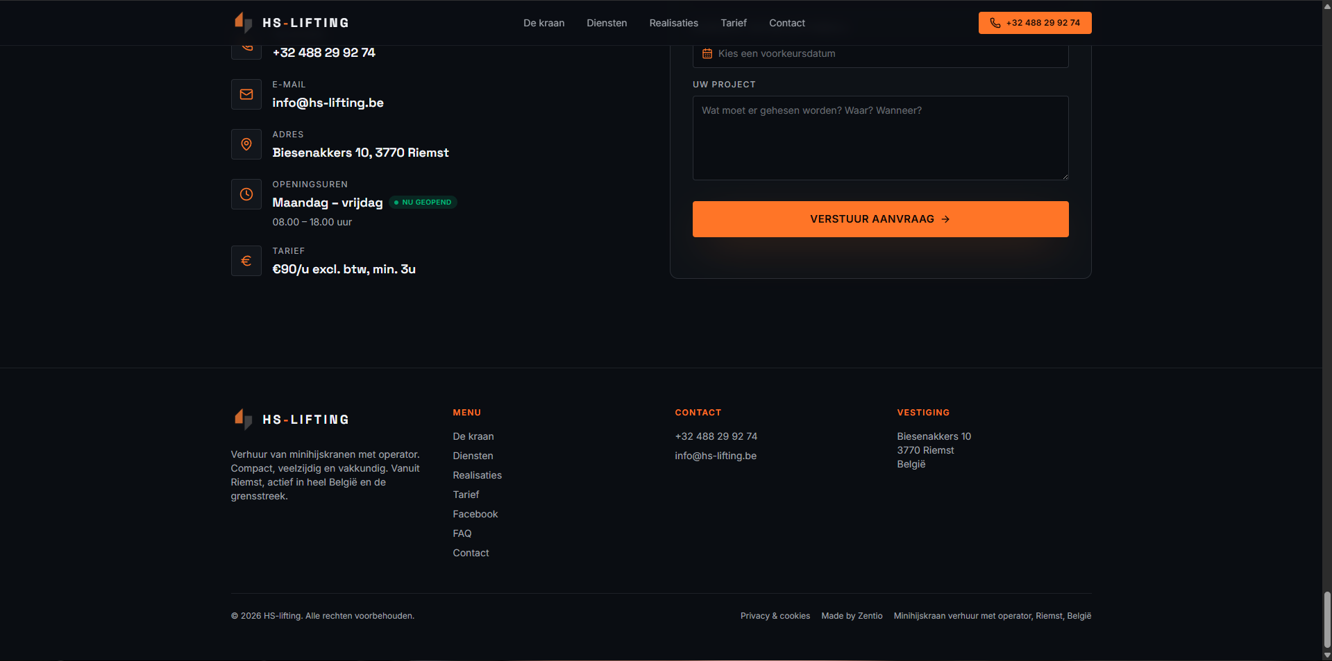 Footer en navigatie van de website van HS-Lifting