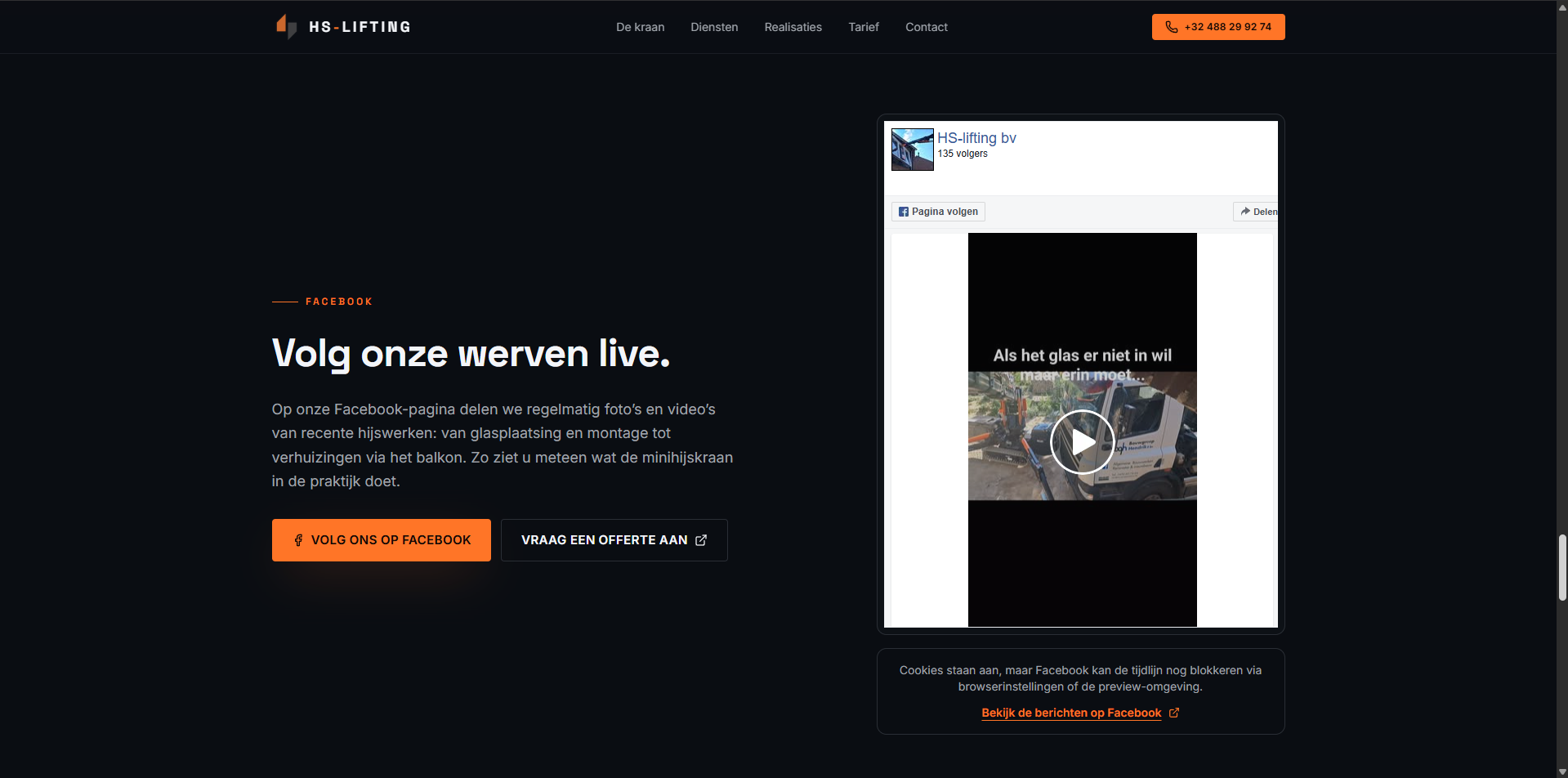 Sociale media en contactoproep op de website van HS-Lifting