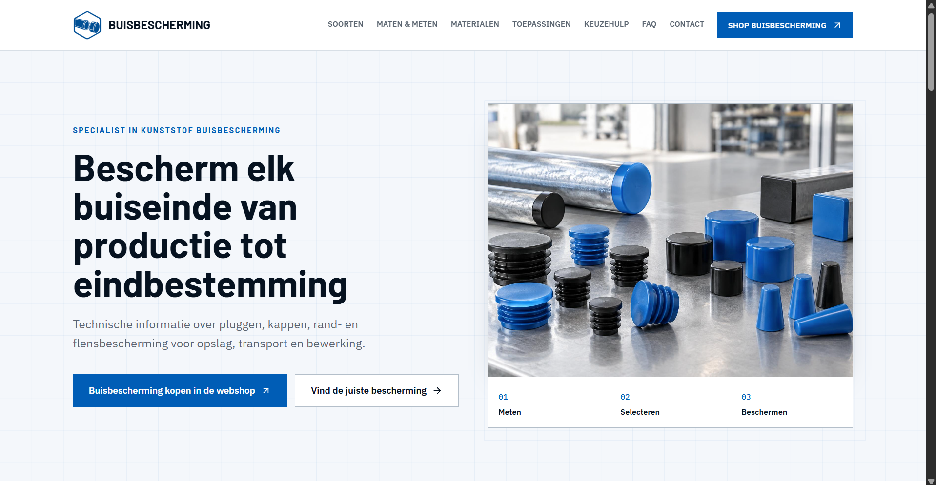Homepage van Buisbescherming.be met kunststof bescherming voor ronde en vierkante buizen
