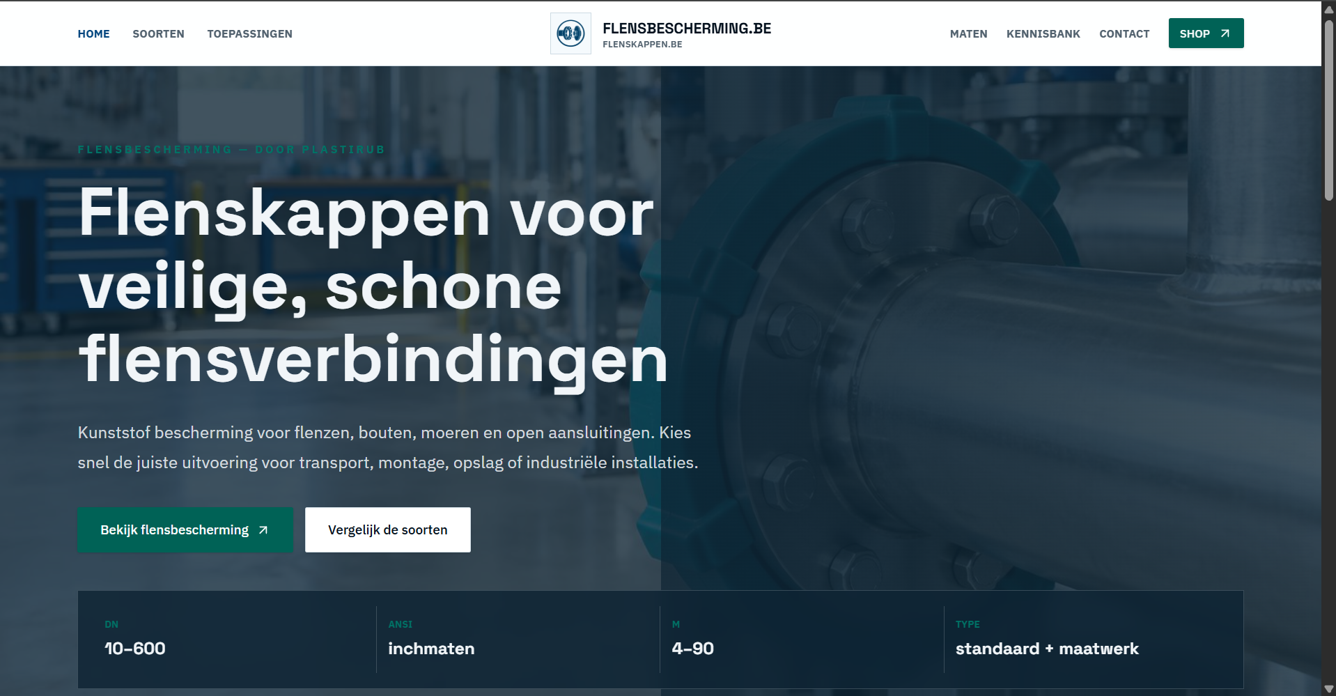 Homepage van Flensbescherming.be met flenskappen voor veilige flensverbindingen