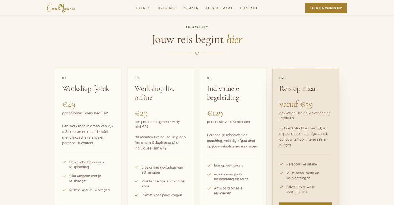 Prijslijst met workshop fysiek, live online, begeleiding en reis op maat