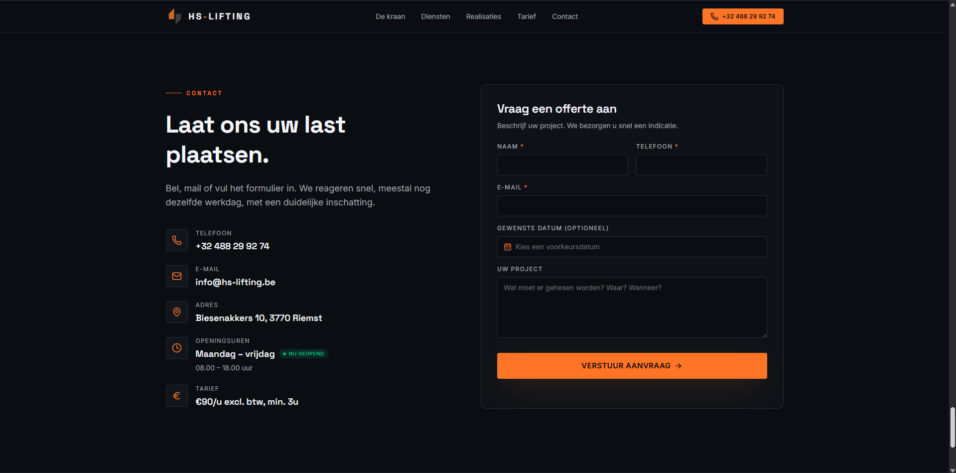 Contactformulier en contactgegevens van HS-Lifting