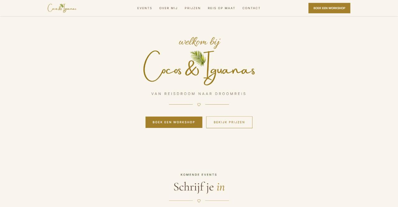 Homepage van Cocos & Iguanas met het logo en de slogan van reisdroom naar droomreis