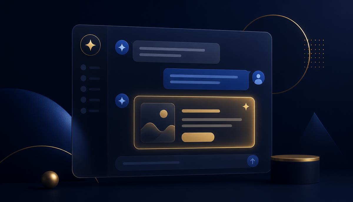 Illustratie van een ChatGPT gesprek met een gesponsorde advertentiekaart in navy en goud