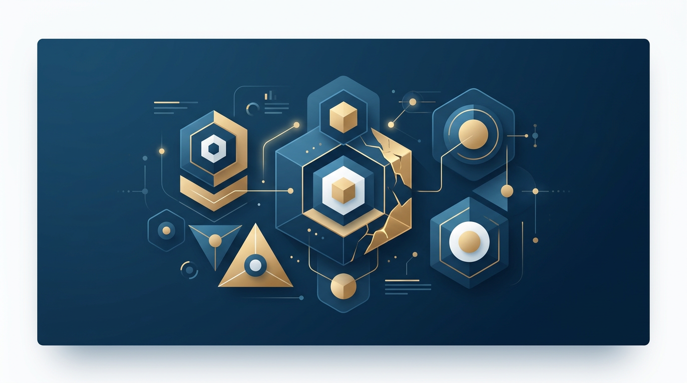 PHP2Shell en websitebeveiliging: abstracte illustratie van beschermde websitecode in navy en goud