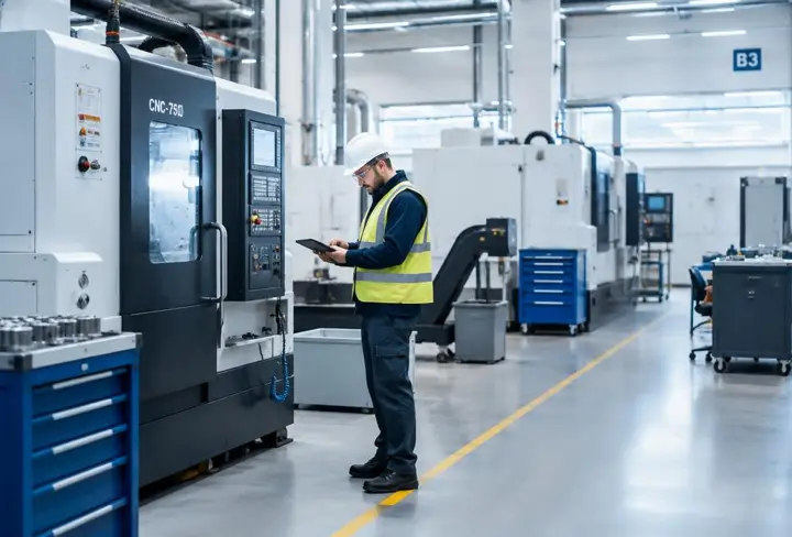 Technicus met tablet in een moderne productiehal
