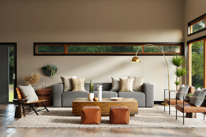 Licht, modern interieur met bank en planten