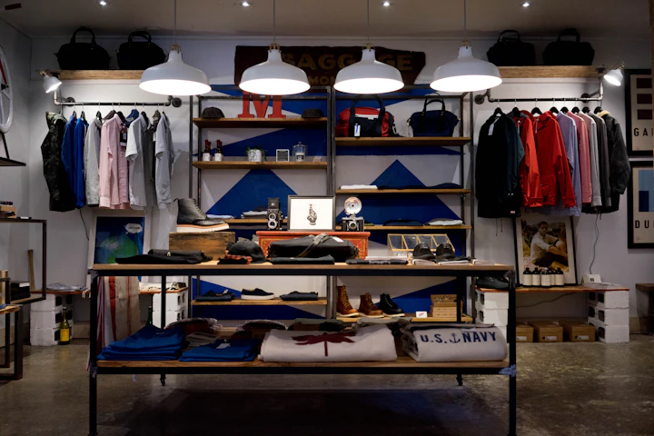 Lokale winkel met kledingrekken en houten interieur