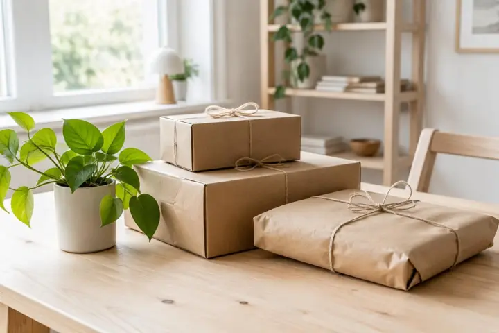Ingepakte webshoppakketjes met touw op een houten tafel