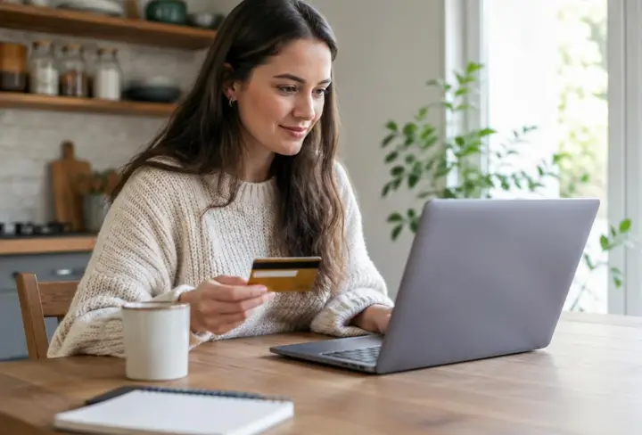 Vrouw bestelt online op haar laptop met een bankkaart in de hand