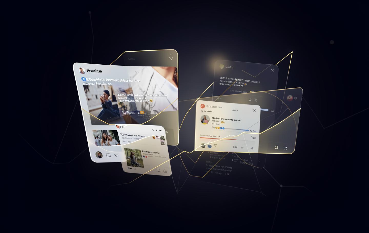 Facebook- en Instagram-advertenties weergegeven als zwevende schermen in navy en goud