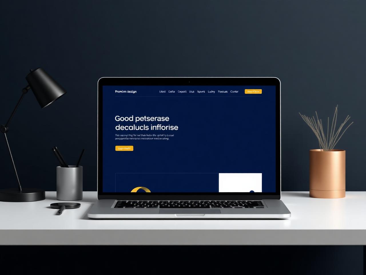 Laptop met een strak website-ontwerp in navy en goud